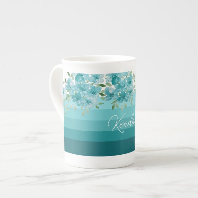 Turquoise Blue Wildflowers Watercolor Art Bone China Mug (Front Left)
