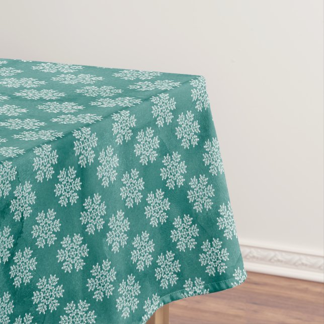 Turquoise Blue with Gold Snowflakes Christmas Tablecloth (In Situ)