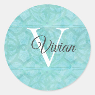 Turquoise Blue With White Monogram Name Classic Round Sticker