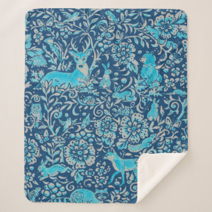Turquoise & Blue Woodland Animal Tapestry Pattern Sherpa Blanket