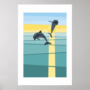 Turquoise-Blue Yellow Sunset Dolphin Vector Art Poster