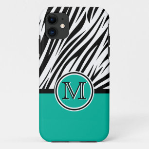 Turquoise Blue Zebra Monogram Pattern iPhone 11 Case