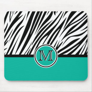 Turquoise Blue Zebra Monogram Pattern Mouse Pad