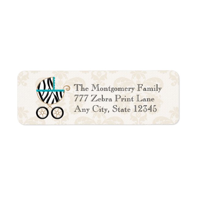 Turquoise Blue Zebra Print Baby Carriage Return Address Label (Front)
