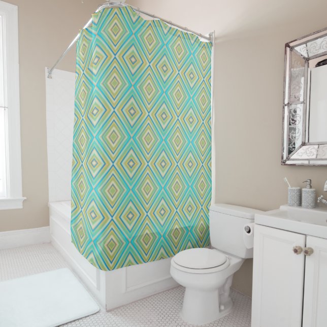 Turquoise Blues Alternative Diamond Pattern Shower Curtain (In Situ)