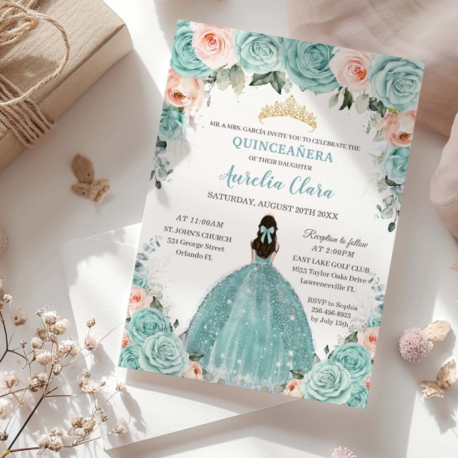 Turquoise Blush Floral Princess Gold Quinceañera  Invitation (soft-turquoise-blue-blush-floral-princess-tiara-gold-Quinceañera-15th-sweet-16-birthday-party-invite)