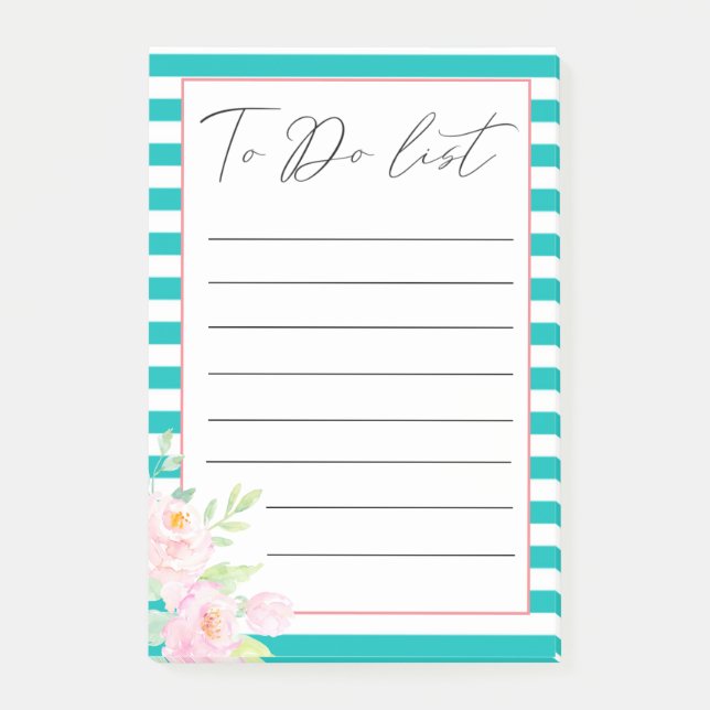 Turquoise Blush Peonies To Do List Post-It Notes (Front)