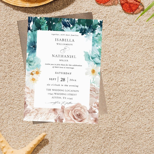 Turquoise & Blush Pink Floral Wedding 2 Invitation (Creator Uploaded)