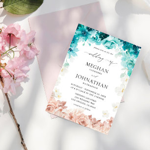 Turquoise & Blush Pink Floral Wedding Invitation