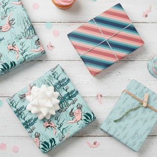 Turquoise & Blush Pink Mexican Salamander Axolotl  Wrapping Paper Sheet