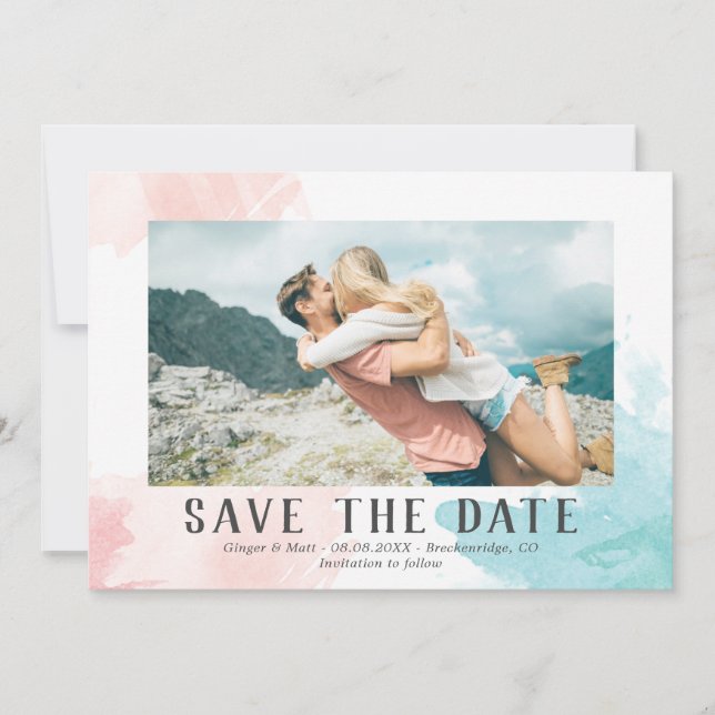 Turquoise & Blush Watercolor - Photo Save the Date (Front)