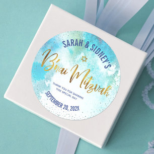 Turquoise B'nai Mitzvah Gold Script Watercolor Classic Round Sticker