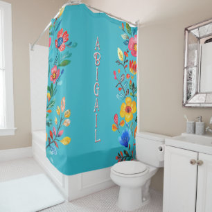Turquoise Boho Personalised Name Mexican Floral Shower Curtain