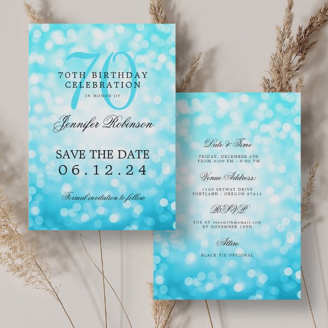 Turquoise Bokeh 70th Birthday Save Date Details Invitation (Turquoise Bokeh 70th Birthday Save Date Details Invitation)