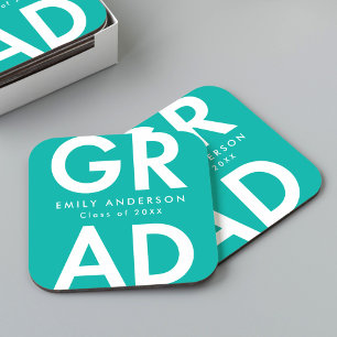 Turquoise   Bold Grad Graduation Party Square Paper Coaster