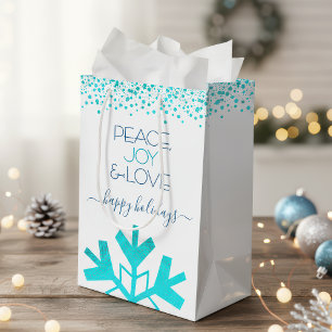 Turquoise Bold Snowflake Peace Joy Love Typography Medium Gift Bag