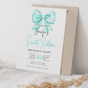 Turquoise Bow Coquette Cute Script Sweet 16 Invitation