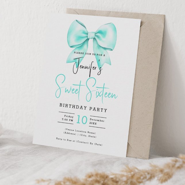 Turquoise Bow Coquette Cute Script Sweet 16 Invitation (Turquoise Bow Coquette Cute Script Sweet 16 Invitation)