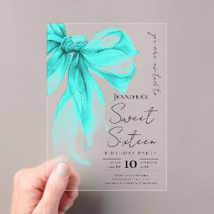 Turquoise Bow Coquette Script Sweet 16 Party Acrylic Invitations