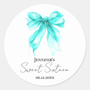 Turquoise Bow Coquette Script Sweet 16 Party  Classic Round Sticker