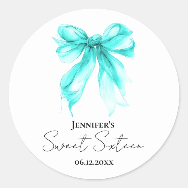 Turquoise Bow Coquette Script Sweet 16 Party  Classic Round Sticker (Front)