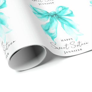 Turquoise Bow Coquette Script Sweet 16 Party  Wrapping Paper