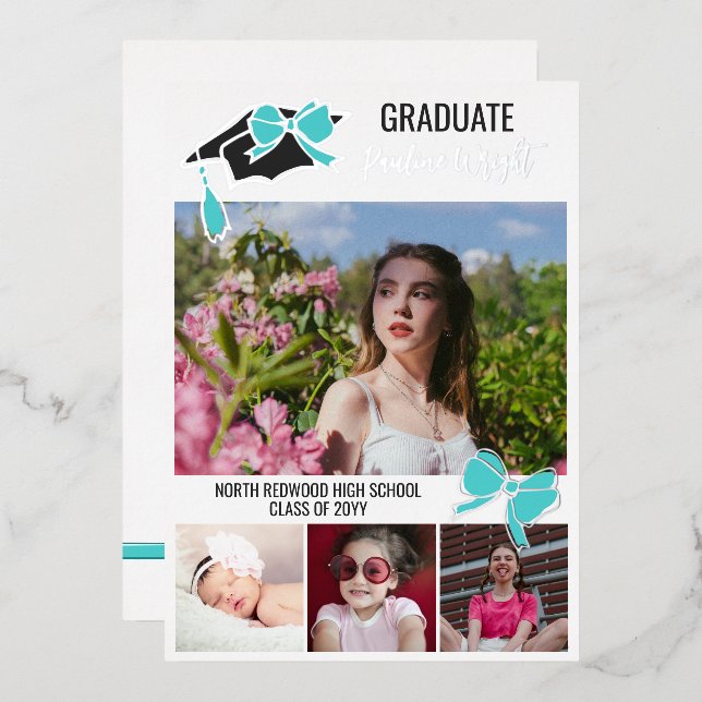 Turquoise Bow Photos Foil Outlines Graduation (Front/Back)