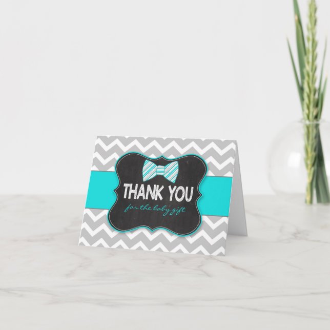 Turquoise Bow tie baby shower thank you note Card (Front)