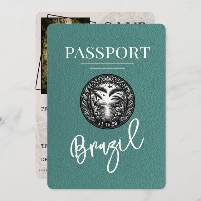 Turquoise Brazil Passport Save The Date (Front/Back)