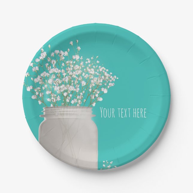 Turquoise Bridal Shower Mason Jar & Babys Breath Paper Plate (Front)
