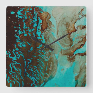 Turquoise, Brown And Tan Square Wall Clock
