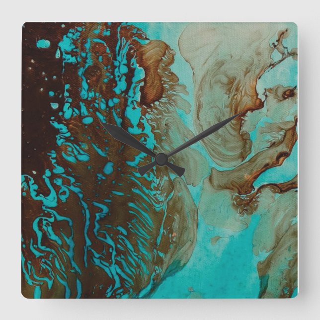 Turquoise, Brown And Tan Square Wall Clock (Front)