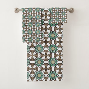 Turquoise, brown and white geometric mandala bath towel set