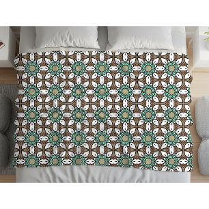 Turquoise, brown and white geometric mandala fleece blanket