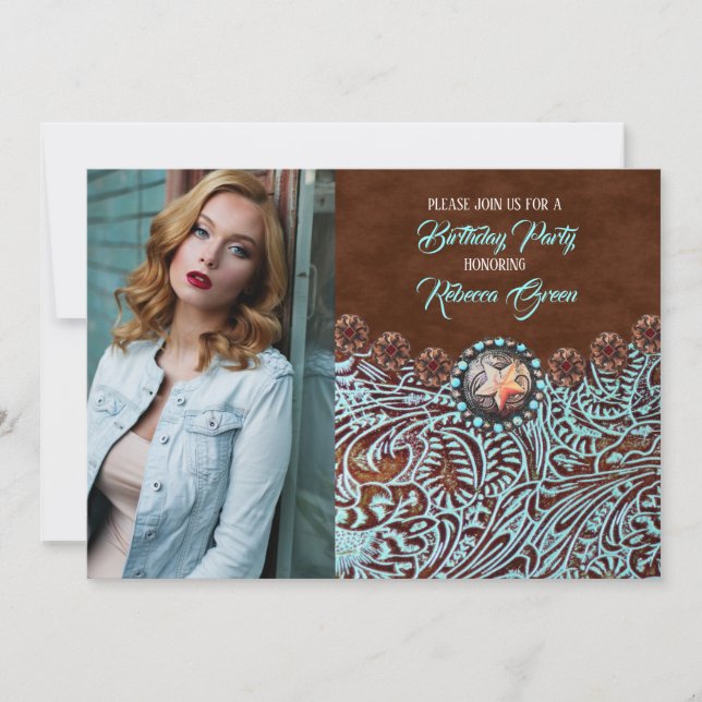 turquoise brown country western birthday party invitation (Front)