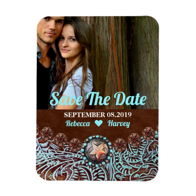 turquoise brown country western save the date magnet (Vertical)