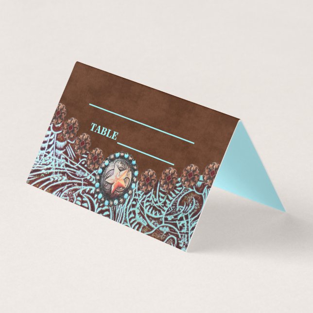 turquoise brown country western wedding Place Card (Front)