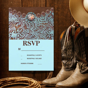 turquoise brown country western wedding RSVP Card
