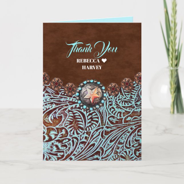 turquoise brown country western wedding thank you (Front)