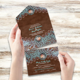 Turquoise Brown cowboy country western wedding  All In One Invitation