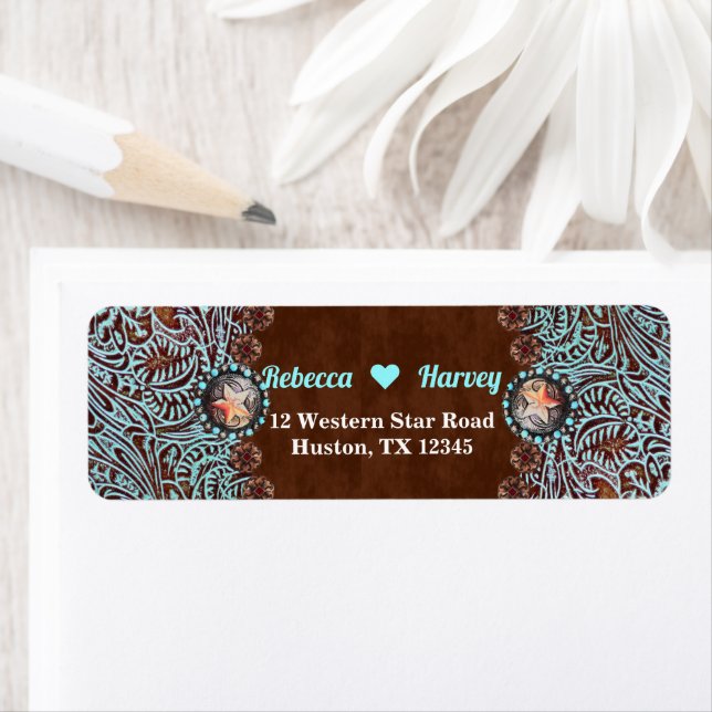turquoise brown cowboy country western wedding return address label (Insitu)