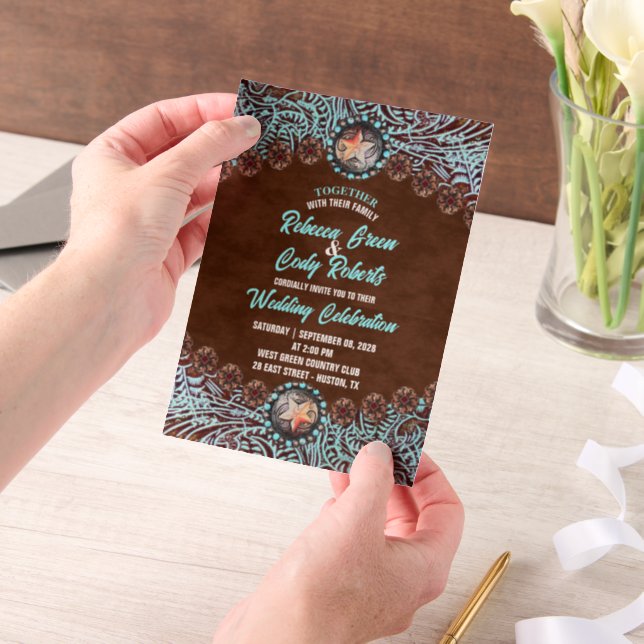 Turquoise Brown Cowboy Country Western wedding Vellum Invitations (Handheld)