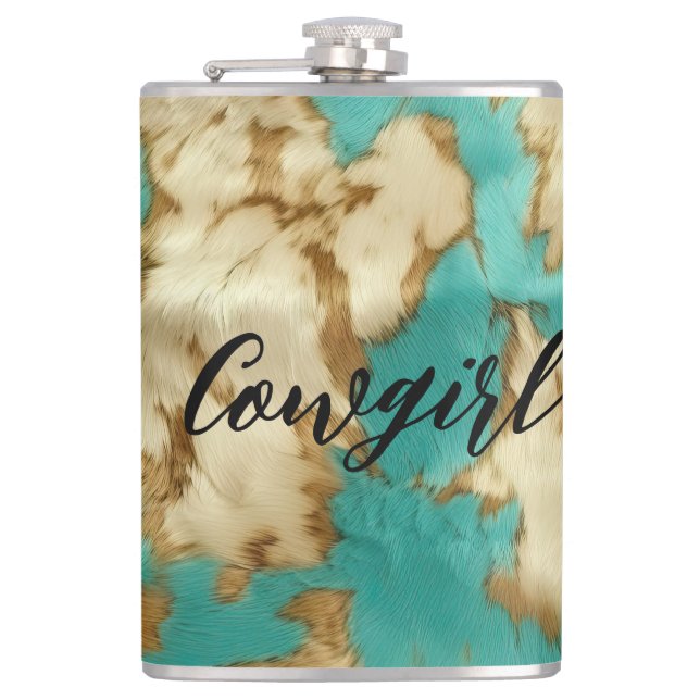 Turquoise Brown Cream Animal Cowhide Western  Hip Flask (Front)