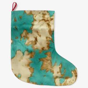 Turquoise Brown Cream Animal Cowhide Western  Large Christmas Stocking