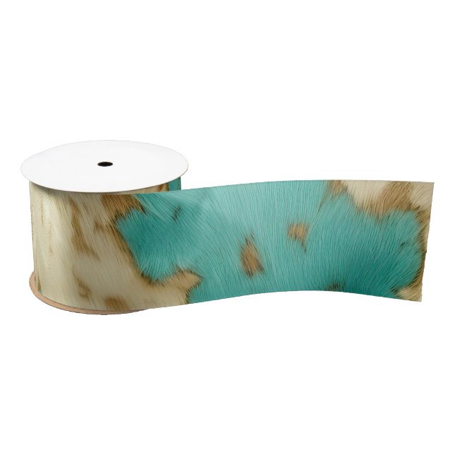 Turquoise Brown Cream Animal Cowhide Western  Satin Ribbon (Spool)