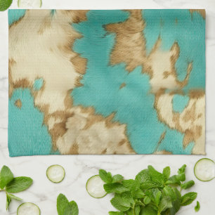 Turquoise Brown Cream Animal Cowhide Western  Tea Towel