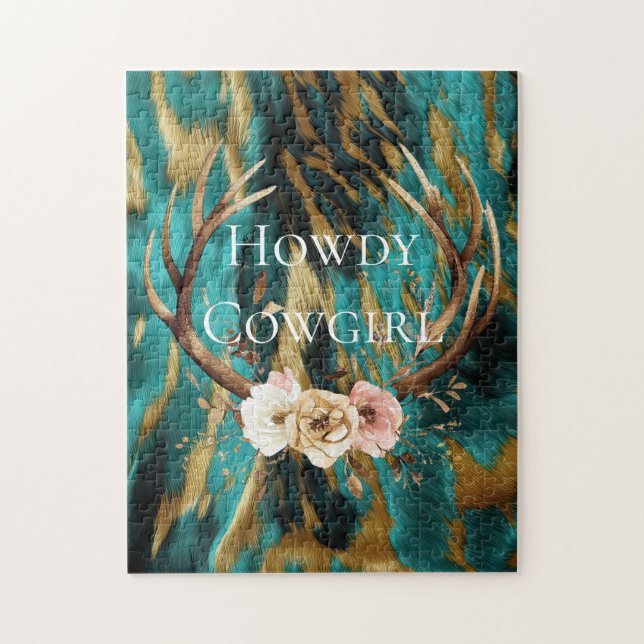Turquoise Brown Gold Cowhide Deer Antlers Floral Jigsaw Puzzle (Vertical)