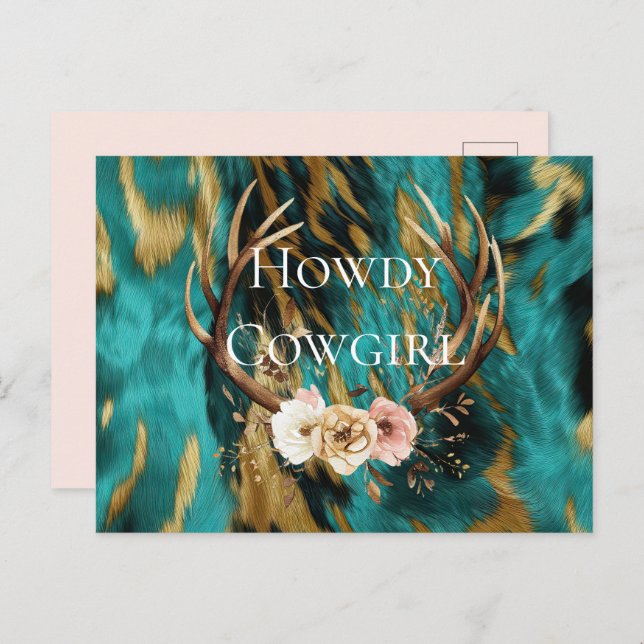 Turquoise Brown Gold Cowhide Deer Antlers Floral Postcard (Front/Back)
