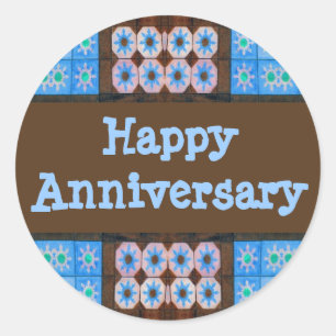 Turquoise Brown Happy Anniversary Classic Round Sticker