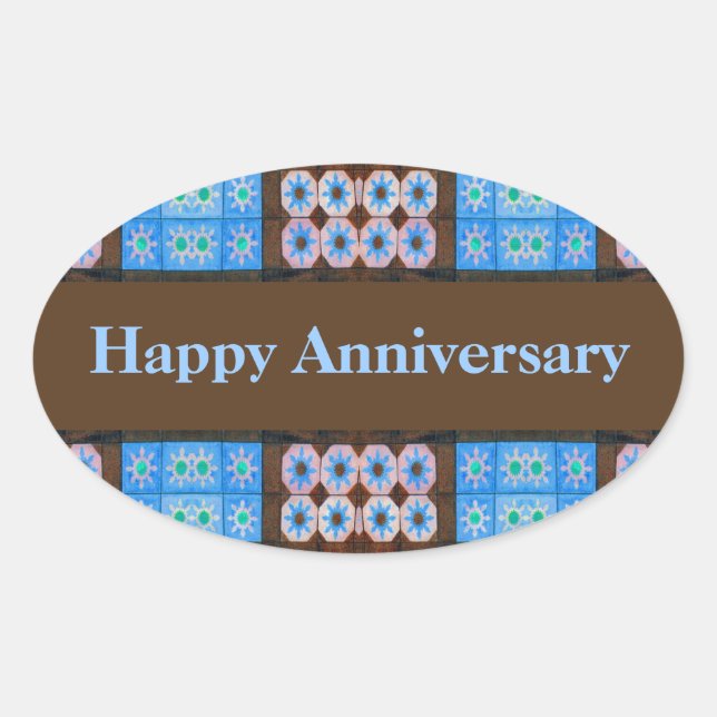 Turquoise Brown Happy Anniversary Oval Sticker (Front)